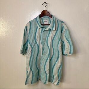 BERSHKA Oversized Button Up Shirt Wave Patterned S / L Small Large Summer Aqua